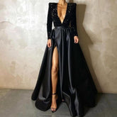 Sequins Satin Patchwork V Neck Infront Split Dresses